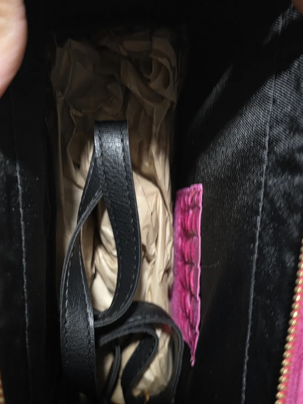 Vera Pelle Hot Pink Suede & Croc-Embossed Satchel with Black Handles